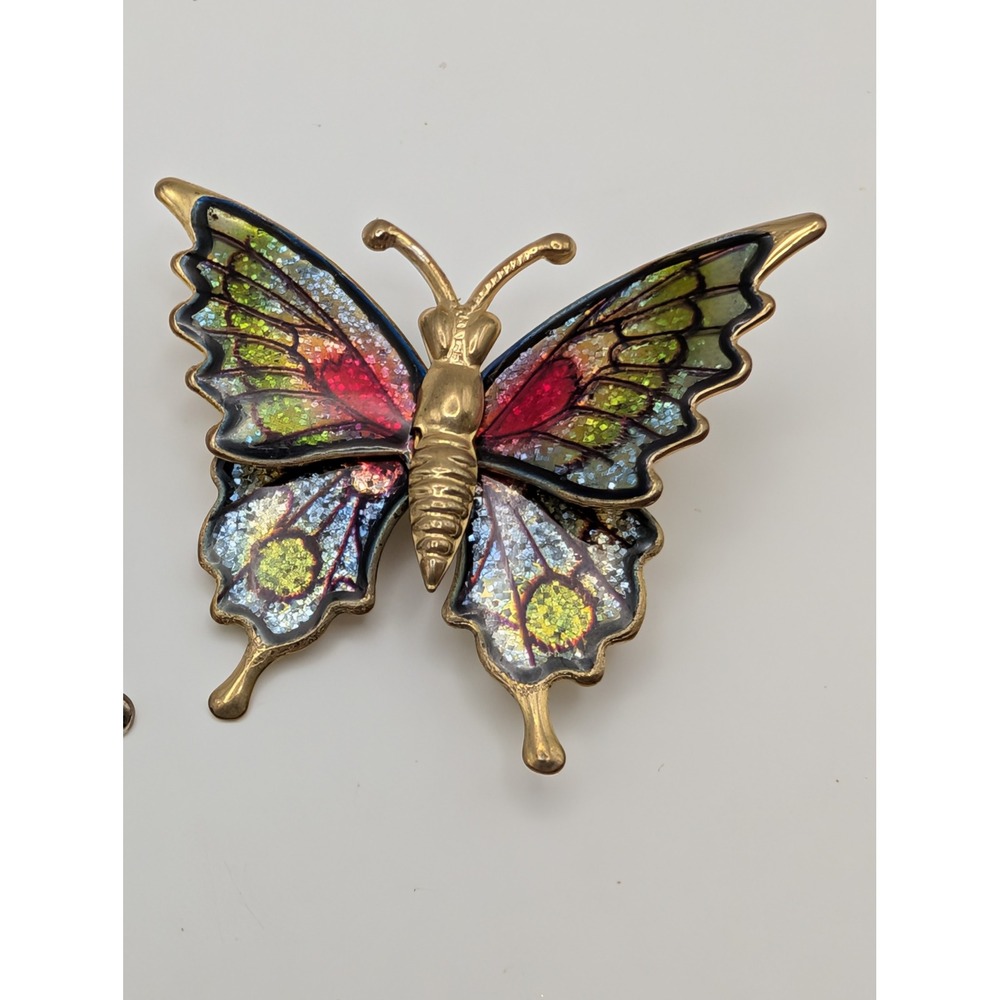 Vintage Foil Glitter Butterfly Brooch Lot 2 Gold Tone Jelly Belly Pin Set - Picture 3 of 11